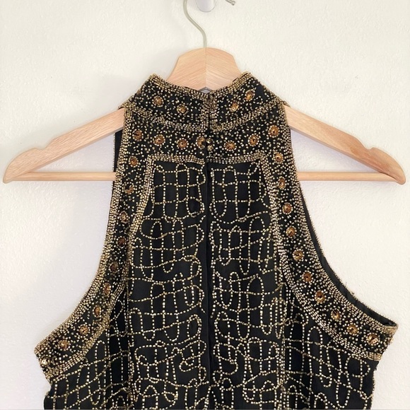 Vintage Papell Boutique Evening Beaded Silk Art Deco High Neck Top Black Gold MP - Picture 7 of 14